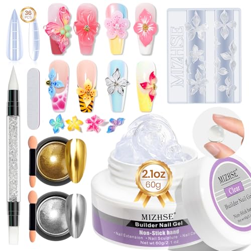 MIZHSE 3D Gel Nail Art Sculpting Gel, 60g Large Capacity Non-Sticky Clear Solid Builder Gels for Nails, Molding Hard Gels for Nail Art Charms, U V LED, with Gold Chrome Powder & Silicone Flower Mold - color: 0-0-Clear