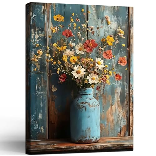 Framed Oil Painting Style Print Antique Metal Vase Wildflowers Pattern Background Rustic Vintage Floral Art Farmhouse Decor Rustic Wall Art Floral Mural Home Decor Gallery Poster 24x16 Inch - color: Light blue yellow, size: 24"x16"