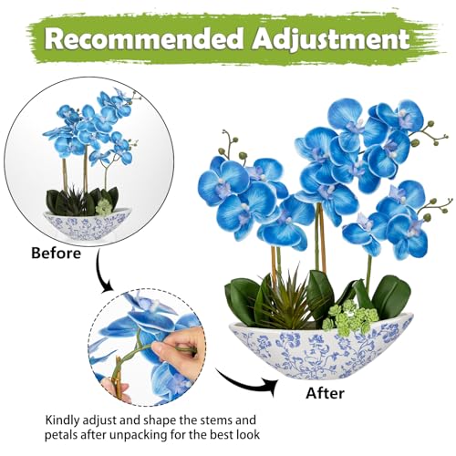 Briful Blue Orchid Fake Flowers 17in Artificial Orchid Silk Flowers in Blue and White Vase Faux Orchid Arrangement for Home Office Bathroom Table Shelf Modern Decoration - color: Blue and White Porcelain Vase
