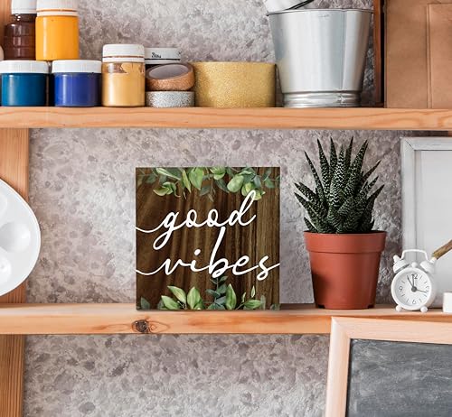 SRADMO Inspirational Green Botanical Eucalyptus Leaves Wood Box Sign Desk Decor, Rustic Eucalyptus Leaves Wooden Block Box Sign Decor for Home Office Shelf Table Decorative Accessories - color: brown, size: 5″×5″