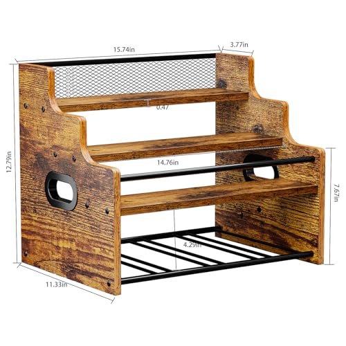 KLM 4-Tier Wood Display Shelf, Black Modern Bottle Organizer, Countertop Bar Stand for Liquor, Coffee Syrup, (Brown) - color: Brown