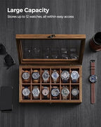 SONGMICS 12-Slot Watch Box, Watch Display Case with Large Glass Lid, Removable Watch Pillows, Velvet Lining, Gift Idea, Rustic Walnut UJOW120K01 - color: Rustic Walnut, size: 1 Layer 12 Slot