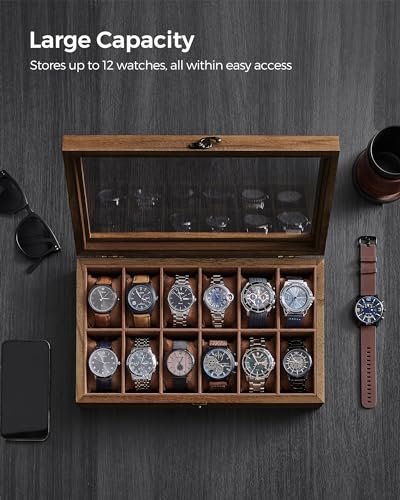 SONGMICS 12-Slot Watch Box, Watch Display Case with Large Glass Lid, Removable Watch Pillows, Velvet Lining, Gift Idea, Rustic Walnut UJOW120K01 - color: Rustic Walnut, size: 1 Layer 12 Slot