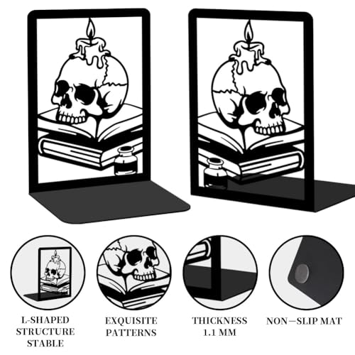Book Ends Gothic Bookshelf Decor, Vintage Style Skull Decorative Books Bookends for Heavy Books, Novelty Skeleton Human Head Bookends Decorative, Book Supports for Library Decor - style: Skeleton
