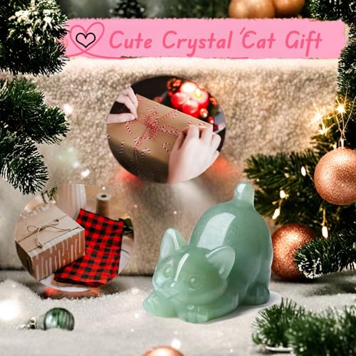 2" Green Aventurine Cat Figurine Decor Crystal Statue Carved Home Room Decor Figurines for Natural Lazy Gemstones Sculpture Handcrafted Healing Stone Office Spiritual Gifts for Cat Lovers - color: Green-aventurine