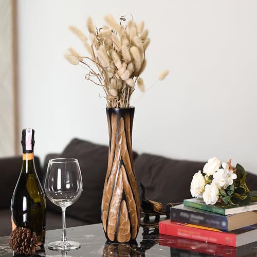 AeraVida Beautifully Hand Carved Etched Dark Brown Mango Tree Wood Vase | 14 inch | Classic Flower Vase