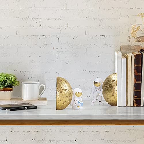 Heavy Duty Astronaut Bookends, Space-Themed Book Ends for Kids Room & Nursery Decor, Gold Moon Book Stoppers to Hold Books, Decorative Bookends for Shelves, Ideal for Boys and Girls - color: Gold