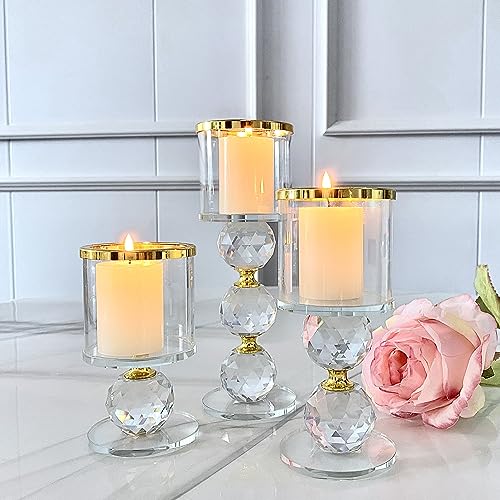 Glass Candle Holders Set of 3,Gold Pillar Candlestick,Crystal Candle Holder for Table Centerpiece Wedding Home Decor