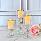 Glass Candle Holders Set of 3,Gold Pillar Candlestick,Crystal Candle Holder for Table Centerpiece Wedding Home Decor