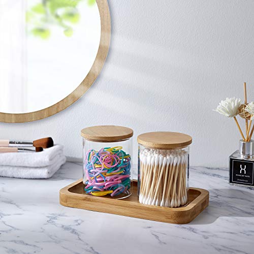 INIUNIK Glass Qtip Holder with Vanity Tray, Apothecary Jars Bathroom Accessories Bathroom Canisters Organizer Countertop Q Tip Holder for Cotton Ball Round Swab Pad Hair Ties Floss Perfume Jewelry