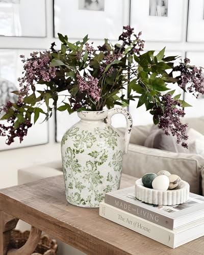Ceramic Rustic Farmhouse Vase, 9 inch Ceramic Green and White Vase for Centerpieces Pampas Grass Pottery Jug with Handle Boho Chinoiserie Decor Vintage Vases for Living Room Kitchen Dinner Table Shelf - color: Light Green and White