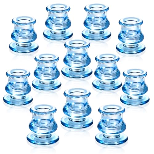 NITIME 12pcs Blue Candlestick Holders, Blue Glass Candle Holders for Pillar Candles, Taper Candle and Tealight Candles, Taper Candle Holders for Wedding, Table Centerpiece - color: Blue