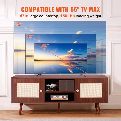 VEVOR Rattan TV Stand, Boho TV Cabinet for 55 inch TV, Mid Century Modern TV Stand, Rattan TV Console with Adjustable Shelfs for Living Room, Media Room, Walnut - color: Walnut, size: for 55" TVs