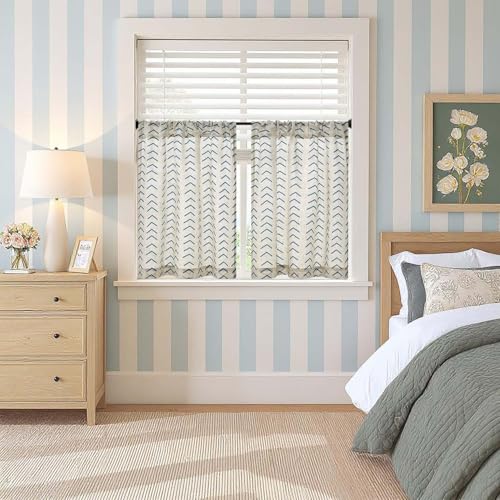 jinchan Boho Linen Blend Kitchen Curtains 24 Inch Length Herringbone Printed Tier Curtains for Small Windows Bathroom Cafe Laundry Room Set of 2 Rod Pocket Blue on Linen - color: Arrow | Blue on Linen, size: 26"W x 24"L (Pack of 2)