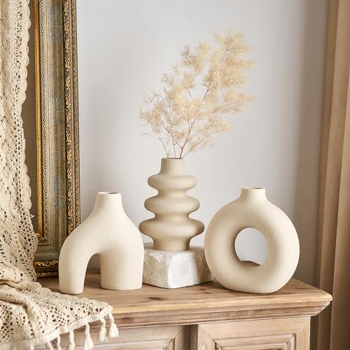 White Ceramic Vase Set of 3, Modern Boho Vases for Home Decor, Small Flower Vases for Pampas Grass, Round White Vases Centerpieces for Wedding Coffee Table Shelf Living Room Bedroom Entryway - color: White