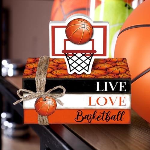 Briwooody 5 Pcs Basketball Decoration Farmhouse Wooden Mini Book Stack Sport Ball Party Table Centerpieces Senior Night Basketball Decor for Locker Room Home Bedroom Office Desk Tiered Tray Shelf - style: Basketball