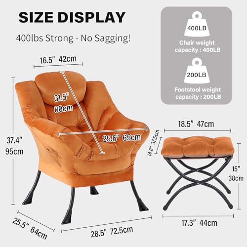 Tiita Lazy Chair with Ottoman, Orange Modern Large Accent Armchair, Comfy Leisure Sofa Reading Chair with Footrest for Bedroom, Living Room, Dorm Rooms, Garden, Velvet Orange - color: Orange