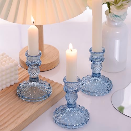 DARJEN 12Pcs 4" H Aqua Blue Candlestick Holders Set- Taper Candle Holders Bulk, Glass Candle Holders for Wedding, Party, Romantic Dinner Table Centerpieces, Festival Gifts & Windowsill Decor - color: Blue Dimond Pattern
