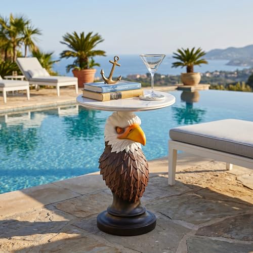Bald Eagle Sculptural Side Table with Faux Marble Top, 17.72" Round Resin Animal End Table, Unique Eagle Statue Decor for Living Room, Office & Patio, Patriotic Housewarming Gift - color: Eagal Color