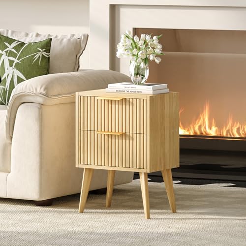 YAUKOMEL Fluted Nightstand,Small Bedside Table,Natural Wood Night Stand,Light Wood Side Table with Solid Wood Legs,End Table for Bedroom,Small Space 11.8" D x 15.7" W x 22.8" H Natural CTG55Y - color: Natural, style: Fluted Style