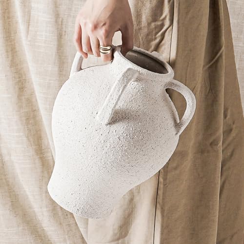 Large White Ceramic Vase - 10.8 Inch Rustic Farmhouse Vase with Handles for Home Decor, Vintage Tall Vases for Living Room, Table, Bathroom, Holiday & Weddings (Rock Sand White) - color: Rock Sand White-10.8"