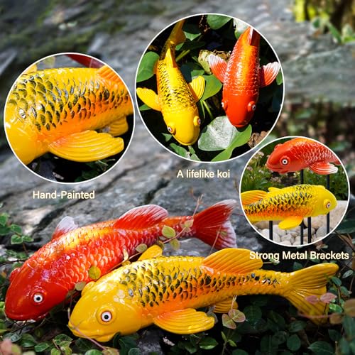 Set of 2 Koi Fish Garden Stakes, Red & Gold Resin Sculptures, Weatherproof Outdoor Patio Pond Decor, Feng Shui Yard Art, Easy Setup Gift(B&Y) - color: B&y