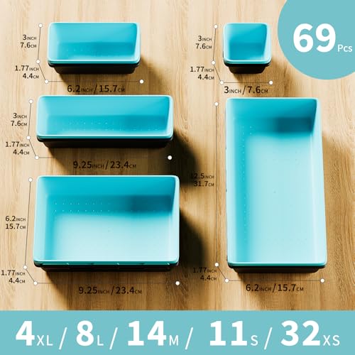 [5 Sizes] [69 PCS] Tool Drawer Organizer, Tool Box Desk Drawer Tray, Rolling Tool Chest, Toolbox Organizer (Black+ Sky Blue) - color: Black+ Sky Blue