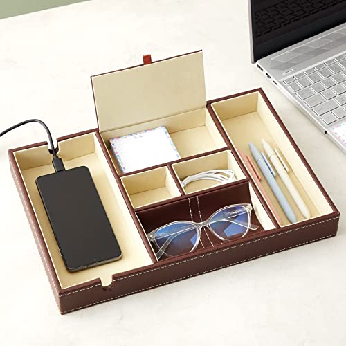 Juvale Rectangular Catchall Tray - 6-Compartment Nightstand Organizer - Polished Key Bowl - Portable Drawer Organizer - Brown Faux Leather - color: Brown