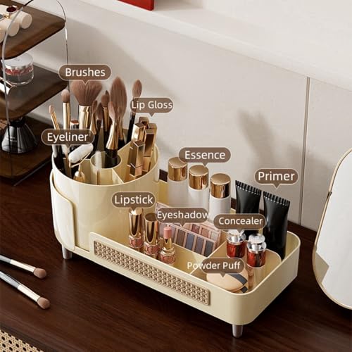 Booklov Rotating Makeup Caddy Organizer for Vanity, Large Capacity Cosmetic Display Case, Countertop Beauty Storage Holder for Skincare, Brush Eyeliner Lipstick, Counter Table Organization, Cream - color: Cream, size: L02