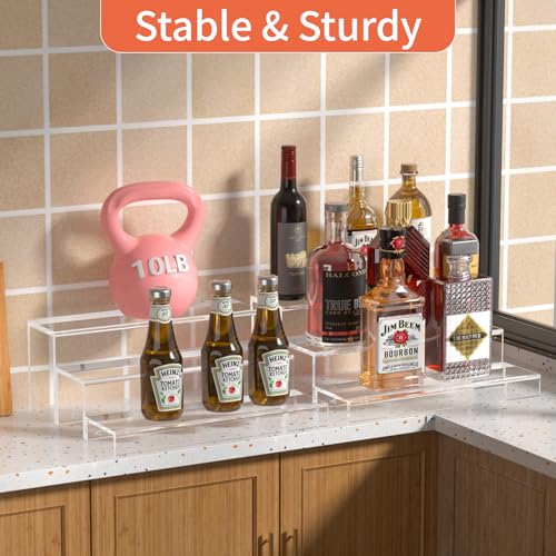 JUESHA 3 Tiers Bar Shelves for Liquor Bottles, 15" Bar Organizer for Countertop, Clear Acrylic Risers Display Racks Stands for Figures Pops Cupcake Perfume Collections (Patent: D1076520S) - color: Clear