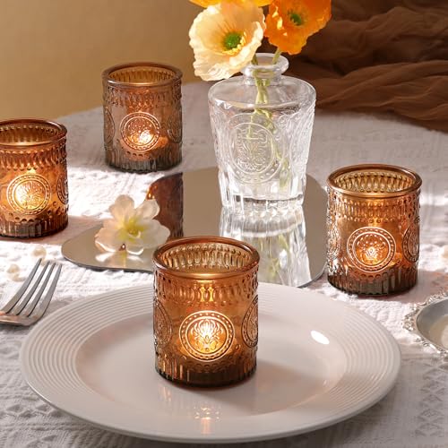 MATAHUM 24 Pcs Amber Votive Candle Holders, Glass Tealight Candle Holders for Fall Home Decorations, Wedding Table Centerpiece, Birdal Shower, Party - color: Amber