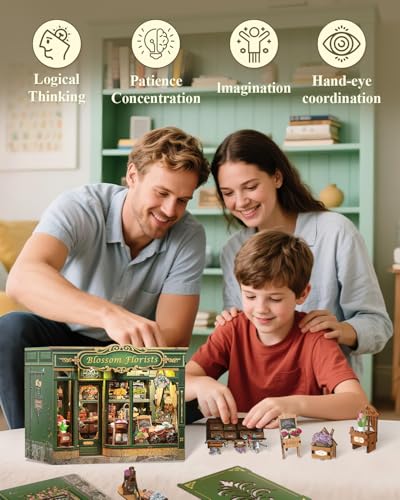 Cutefun Book Nook Kit - DIY Miniature Flower Shop Booknook Kits for Adults and Teens, 3D Wooden Puzzle Bookend Bookshelf with LED Light, Creative Crafts Gifts for Book Lovers (Blossom Florists) - style: Blossom Florists