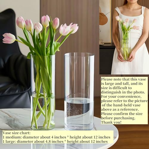 Acrylic Cylinder Plastic Vase for Centerpiece, Unbreakable Hurricane Tall Large Plastic Vases for Proposals Wedding, Hydroponic Decor Base Set of 2 with DIY Stickers(D 4" + D 4.8" X H 12" Clear) - color: 2 Clear-b