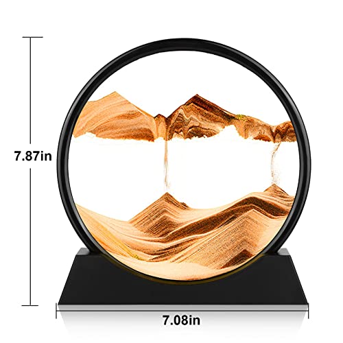 Herecanli Moving Sand Art Picture - 3D Quicksand Painting Decor - Round Glass 3D Deep Sea Sandscape - Relaxing Decoration for Home,Office,Desk,Mantle,Bookshelf,Room- (Yellow, 7 in) - color: Yellow, size: 7"