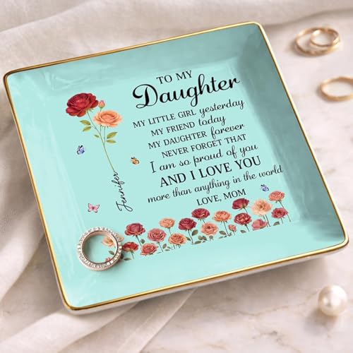To My Daughter Jewelry Dish, Custom Jewelry Tray for Mothers Day, Daughter Gifts from Mom, Ceramic Ring Dish with Birth Month Flower, 1st Mother's Day Birthday Gifts for Daughters - color: Style 5