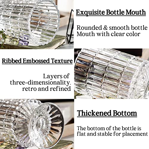 BLOFLO Embossed Glass Vase, 7'' Crystal Glass Vases, Pedestal Big Base Glass Bouquet Vase, Hydroponic Glass Transparent Vase for Home Office Wedding Dining Table Party (Ribbed Pattern) - color: Ribbed Pattern