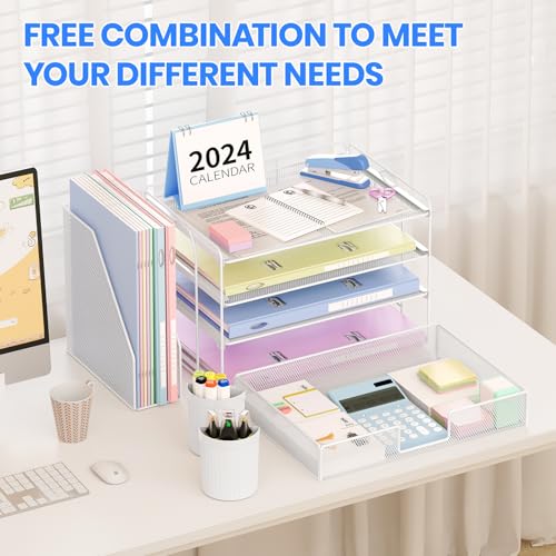 OPNICE Desk Organizer, 4-Tier Desktop File Organizer with Drawer and 2 Pen Holders, Office Desk Accessories, File Sorters, Workspace Organizers for Office Supplies(White) - color: White, size: 4-Tier