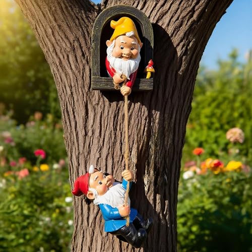 Teaeeno Gnome Garden Decoration Climbing Tree Decor Outdoor, Fairy Door Tree Face Figurine Lawn Patio Decor, Funny Climbing Elves Tree Peeker Sculpture Yard Art - color: Blue