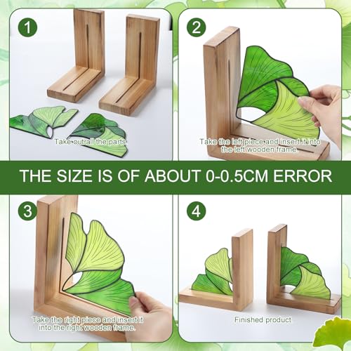Maitys Ginkgo Leaf Bookends with Oak Wood Base Stained Glass Novelty Bookends Organizer Cute Book Ends for Shelves Desks Libraries Book Lover Gift (Green)