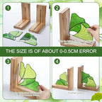 Maitys Ginkgo Leaf Bookends with Oak Wood Base Stained Glass Novelty Bookends Organizer Cute Book Ends for Shelves Desks Libraries Book Lover Gift (Green)