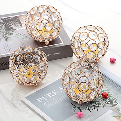 OwnMy Set of 4 Crystal Bowl Tealight Holders Small Round Votive Candle Holders, Gold Crystal Tea Light Candle Lanterns Candle Stands for Dining Table Centerpieces Wedding Decors - color: Gold