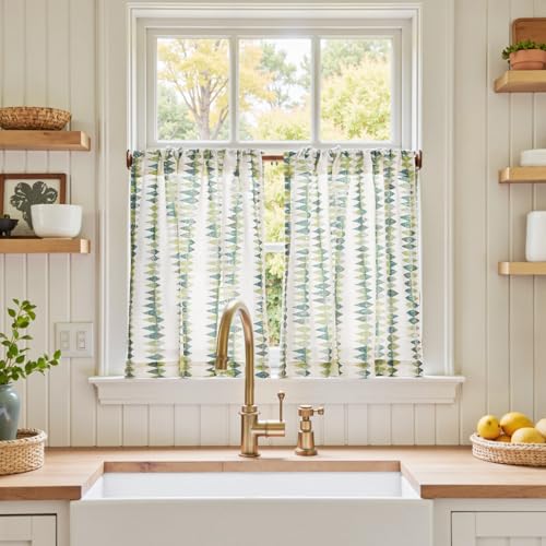 jinchan Mudcloth Boho Kitchen Curtains for Windows Cafe Curtain Light Filtering 24 Inch Linen 2 Panels Window Tier for Cabin Laundry Farmhouse Rustic Sage Green on Linen - color: Tribal | Sage Green on Linen, size: 26"W x 24"L (Pack of 2)