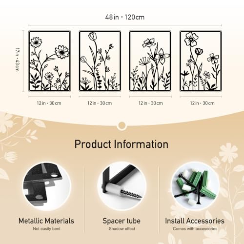 Sokurdeg Black Metal Flowers Wall Decor, Minimalist Floral Wall Hanging Art, Black Abstract Line Wall Art Sculptures for Bedroom Bathroom Living Room (4 Pcs, 12 x 17 in) - color: Black, size: 12 x 17 in