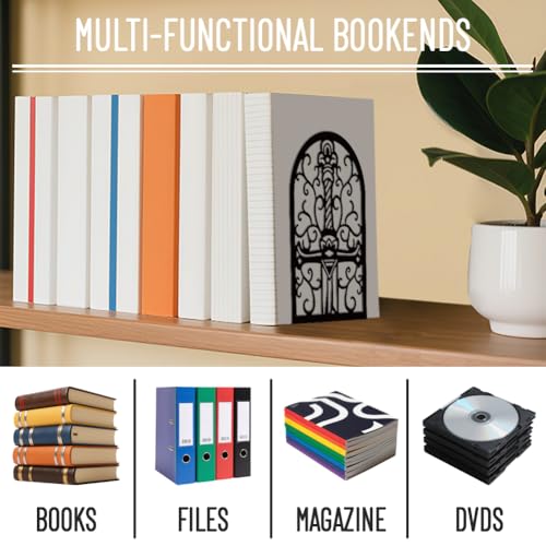 WADORN 1 Pair Magic Sword Metal Decorative Bookend for Shelves, Heavy Duty Book Ends Modern Non-Skid Books Holder Stand Black Book Support Stoppers for Desk Bookshelf Office Home, 5.3x4.3x7.8 Inch