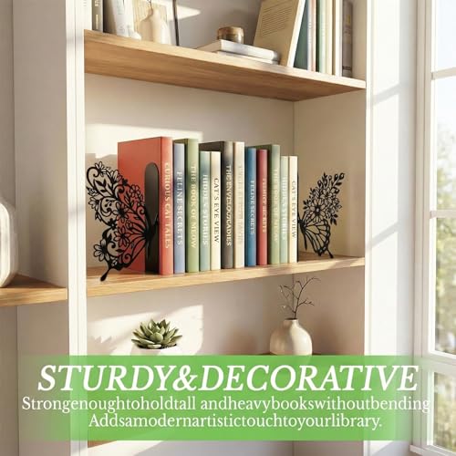 Sanwarm Metal Bookends Butterfly Floral Book Ends Decorative Bookend for Home Office Library Desk Book Shelves Decor, Gift for Reading Enthusiasts Non-Skid Book Stoppers Holder (Black 1 Pair) - color: Butterfly Floral