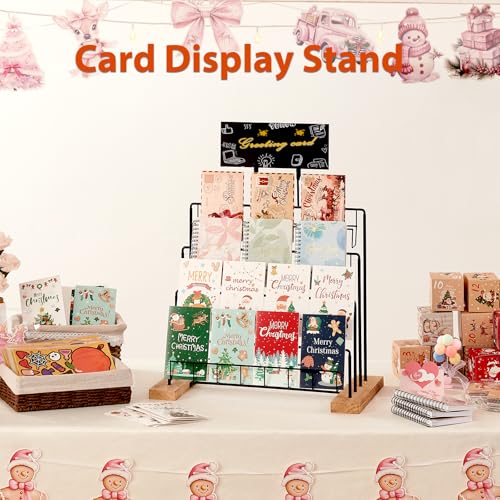 Greeting Card Display Stand, 4-Tier Greeting Card Organizer for Cards, Postcard, Photos, Brochure, Sticker, Trading Cards, Metal & Wooden Retail Display Rack for Vendors Counter Retail (Black) - color: Black