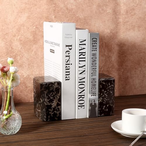 BCS Italy Natural Marble Bookends for Shelves, 7lbs Decorative Book Ends for Heavy Books, Athenian Column Stone Book Holders, Office Bookshelf Stopper Decor for Books, CDs, Video Games (Nero Portoro)