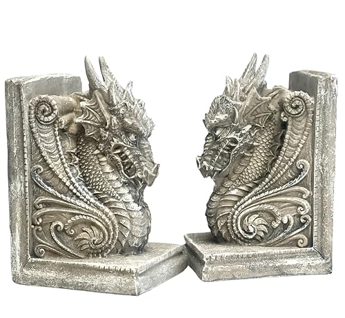 Bellaa 26201 Decorative Bookend Dragon Statues Book Stopper for Bookshelf 8 Inch Non Skid Heavy Duty Vintage Gifts - color: Stone