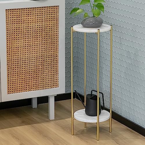 Gold Plant Stand Indoor Tall - 2 Tier White Marble Top Side Table, 29.5 Inch Modern Round Metal End Table for Living Room Corner, Small Bedside Tables for Entryway & Bedroom (11x11, Gold)