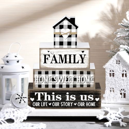 Cinnvoice 4 Pcs Farmhouse Tabletop Decor Rustic Family Blessed Home Table Centerpiece This Is Us Sign for Kitchen Shelf Desk Fireplace Mantel Tiered Tray Decor(Buffalo Plaid Family) - style: Buffalo Plaid Family